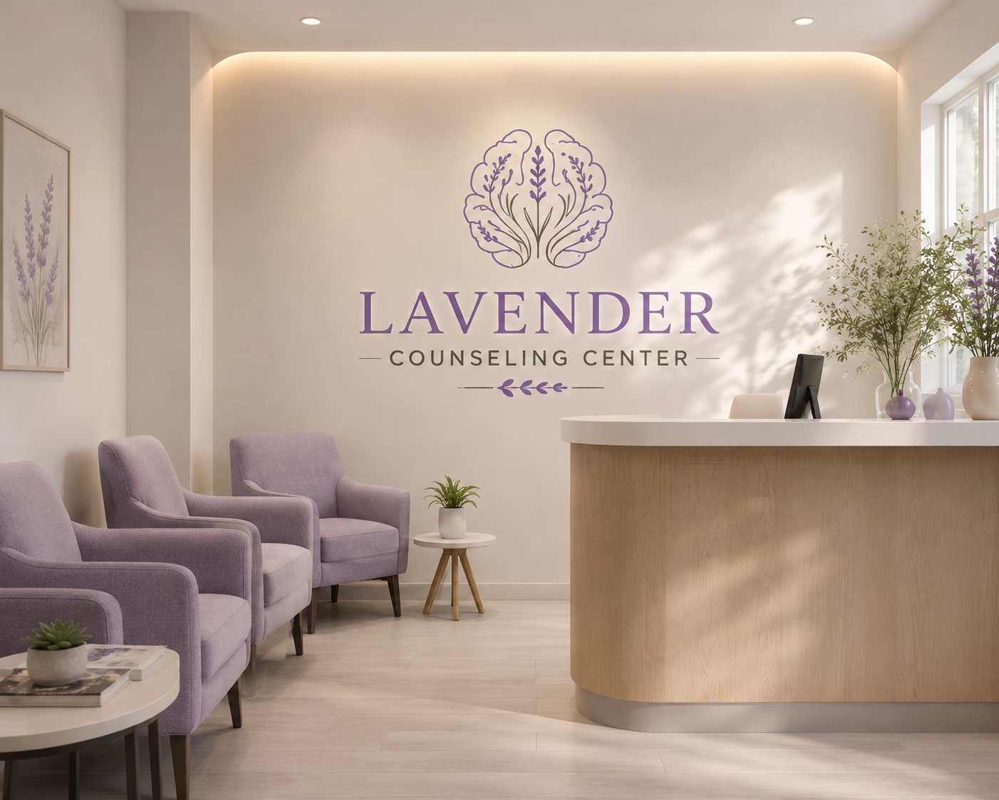 Calm and welcoming reception area at Lavender Counseling Center